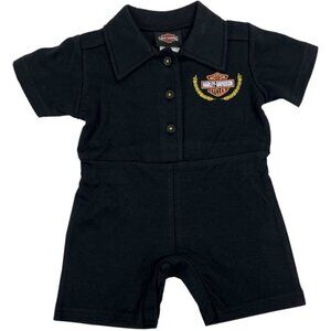Harley-Davidson Baby Girls' Racing Rose Knit Button Collar Romper Black